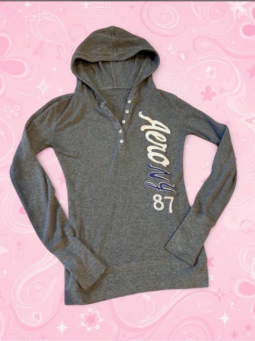 Aeropostale Gray Hooded Henley Pullover with 'Aero 87' Script